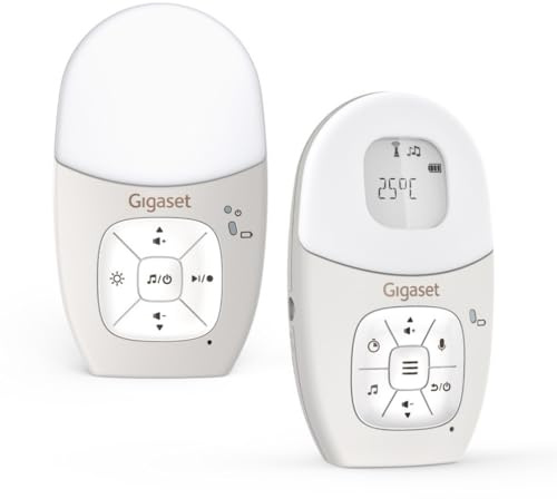 Gigaset BABY 100 Audio–Baby audio con tecnologia DECT–Comunicazione sicura bidirezionale–Portata di 300m-Timer per la pappa-Luce notturna-Indicatore sonoro a 3 livelli, Grigio caldo[Versione Italiana]