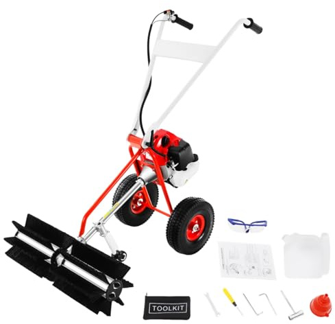 DAOHHFO 1,7 hk 43 cc bensin sopmaskin, 2-takts bensin handskjutningsmaskin, snösläde med hjul, 8 500 RPM snöslunga sveper för trottoar, gräs, snö, rengöring, gräsmatta