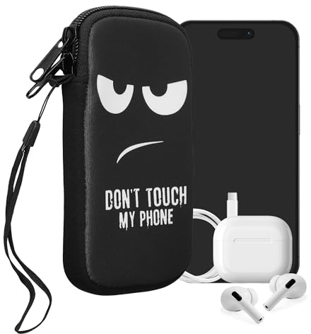kwmobile Custodia in neoprene con zip per smartphone S - 4,5 - Astuccio portacellulare a sacchetto con cerniera - Borsa verticale - Don't touch my phone bianco/nero