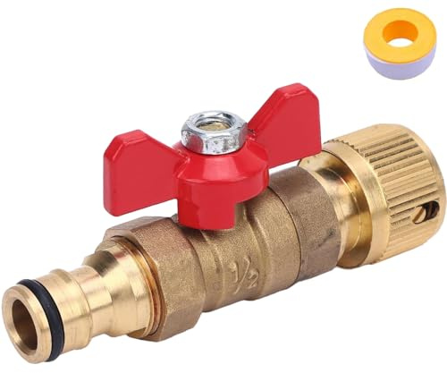 Brass Garden Hose Quick-Release Connector with Control Valve - Inline Shut-Off Valve for Hose Pipes, Reels & Tanks (Male/Female Ends, 180° Handle, Includes Plumber's Tape)