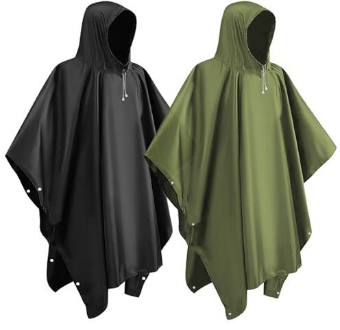 lohey 2 Pack Rain Poncho, Reusable Rain Poncho Waterproof Adult Emergency Waterproof Jacket Women Men EVA Raincoat with Hood and Sleeves for Camping, Fishing, Theme Parks, Festivals (Black&Green)