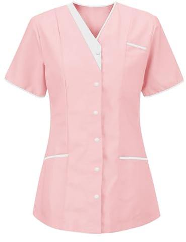 Wenlzhnb Tunique MéDicale Femme Manche Courte Blouse Col en V Infirmiere Uniforme De Travail Haut Aide Soignante Professionnelle VêTement Couleur Unie Lavables Tops avec Poches Bouton