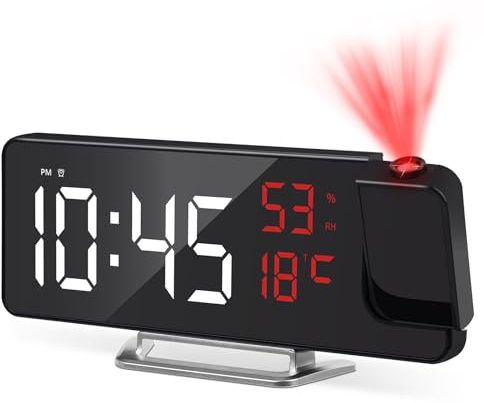 Cuteefun Takprojektor väckarklocka, digital sängväckarklocka med temperatur och fuktighet, justerbar ljusstyrka, Snooze, takklocka för sovrum, röda siffror