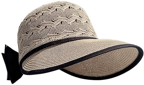Chapeau Anti UV Femme Soleil Été Visière Casquette Large Visière Grand Bord Pliable Chapeau de Paille Respirant avec Nœud Papillon pour Plage Voyage Golf Randonnée Sports Extérieurs