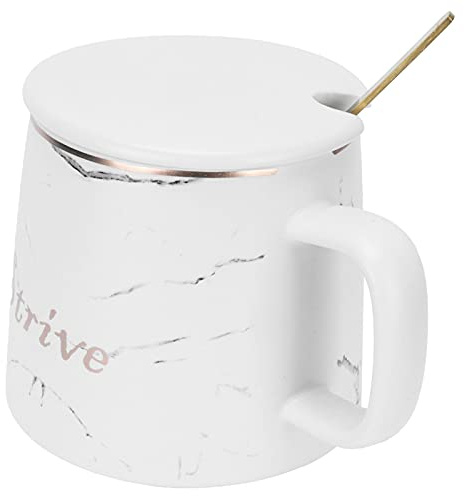 BAFOVY Marmormönstermugg Keramisk Kopp med Lock och Sked 380 Ml Högtemperaturbränd Porslinsmugg för Hemmakontorsresor Kaffe Tedrickare (Vit täckt sked)