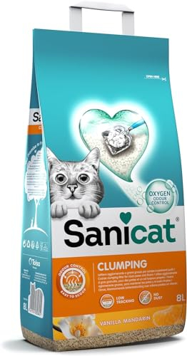 Sanicat – Klumpstreu mit Vanille-und Mandarinenduft. Hergestellt aus natürlichen Mineralien mit garantierter Geruchsbindung.Absorbiert die Feuchtigkeit und erleichtert die Reinigung. Packungsgröße 8 l
