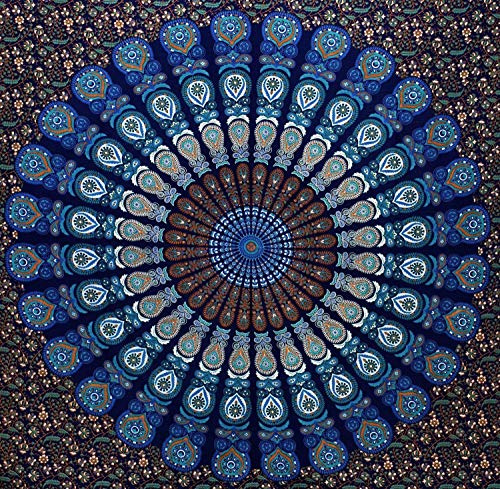 Bless International Indian hippie Bohemian Psychedelic Peacock Mandala Wall hanging Bedding Tapestry (Blue Green, Twin (54x72Inches)(140x185cms))