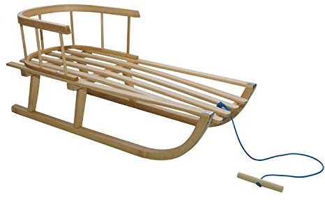 Skyline Holzschlitten für Kinder mit Rückenlehne Rodelschlitten Davoser Schlitten aus Holz mit einem Sicherheitsgurt