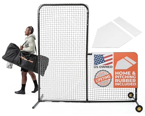 ACELETIQS L Screen Baseball Portable Net Softball Pitching with Wheels-7 feet by 7 feet, 3.5 Inch by 3.5 Inch Cutout, Body Protector, Batting Cage Safety Screen for Back Drive Lines-Steel Frame