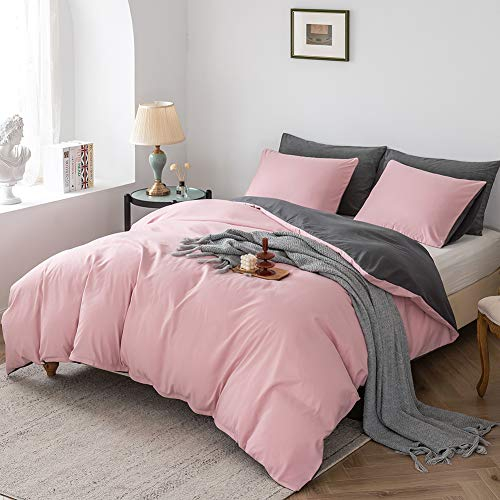 Damier Parure de lit réversible 220 x 240 cm Vieux rose gris uni en microfibre super douce Housse de couette 220 x 240 cm + 2 taies d'oreiller 80 x 80 cm