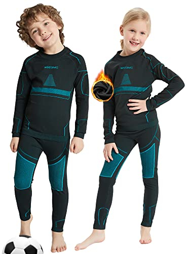 NOOYME Funktionsunterwäsche Kinder Skiunterwäsche Thermounterwäsche Atmungsaktiv & Hautfreundlich Sportunterwäsche Fussball, Schwarz-Hellblau (146/152) 150-155cm