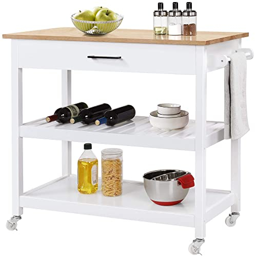 Yaheetech Carro Cocina con Ruedas Carrito Auxiliar Cocina Mesa Auxiliar Cocina con Estante Cajón Armario 101x 51x92 cm Blanco