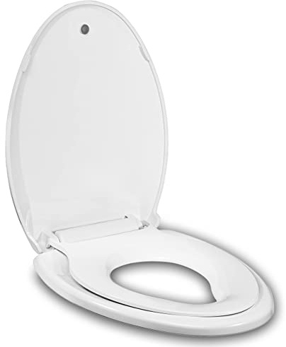 JINGZE Elongated Toilet Seat Built-In Potty Training Seat, Soft Quiet Close Non-Slip Seat, Easy to Install & Clean,Magnetic Kids Seat and Cover for Elongated Oval Toilets,White