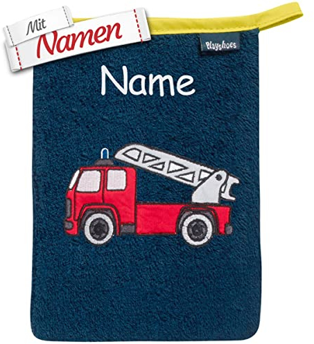 Kinder Feuerwehr Waschhandschuh mit Namen bestickt, Jungen Baby Kleinkind Waschlappen Waschtuch zum baden, Geschenk zur Geburt Taufe Ostern Nikolaus