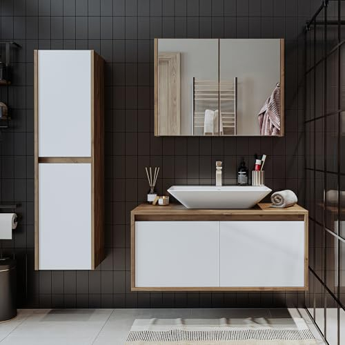 ROOMART • Badezimmermöbel Komplettset • Atlantic • 4 Teilig Badezimmerschrank • 100 cm Unterschrank mit Keramikwaschbecken • Spiegelschrank • Hochscrank (Anthrazit Eiche, Komplett Set)