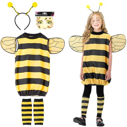 Sprinlot Déguisement Abeille Enfant, Jaune Robe Rayée 110cm, Abeille Bandeau, Costume d'Abeille avec Ailes, Abeille Costumes pour Carnaval Cosplay Animaux Fête