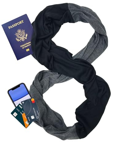 elzama Dual Color Travel Scarf for Women, Infinity Scarves with 2 Hidden Zipper Pockets, Convertible Loop Scarf with Double Zip Pocket, Lightweight Fashion Neck Wrap, Black Grey