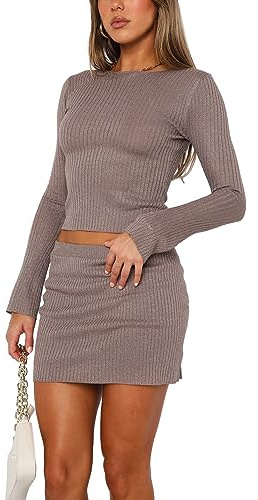 FeMereina Women's Fall 2 Piece Outfits Tracksuit Rib Knit Long Sleeve Crop Tops And Slit Mini Bodycon Skirt Sets Loungewear (Brown, S)