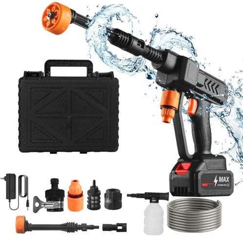 CALISTOUK Hidrolimpiadora Inalámbrica 6 en 1, 60 Bar 2 Baterías de 1200mAh Lavadora a Presión Hidrolimpiadora para Piscina Automóvil Jardín Ventana