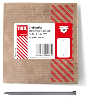 TOX Clavos de alambre 1,6x30 mm con cabeza aplastada para fijaciones casi invisibles en madera, acero desnudo, 60 unidades en un empaque de papel reciclable y resellable, 063600252