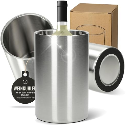 Flaskkylare Chill – dubbelväggig vinkylare rostfritt stål Ø 10 cm – dryckeskylare för vin, champagne och öl – present till vinälskare, vänner, föräldrar osv., färg: silver