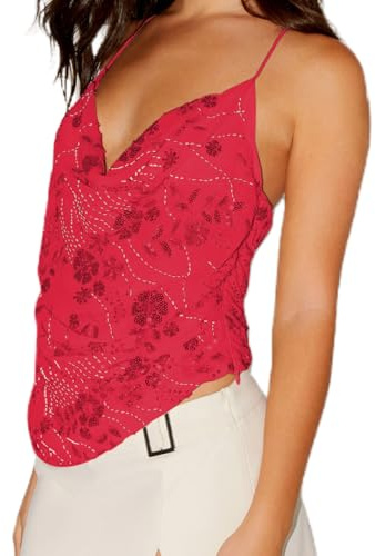 Nicoxijia Womens Sequin Sparkle Halter Crop Tops Sexy Sleeveless Deep V Neck Backless Glitter Tank Top Y2k Bling Rave Outfits (D-Red, XL)
