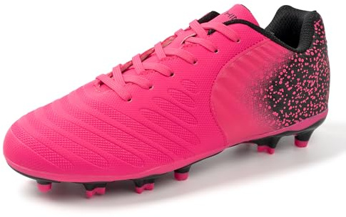 FEETHING Women Soccer Cleats Firm Ground Lace-Up Youth Soccer Shoes Light-Weight Outdoor Training Football Sneakers Big Kid,Pink,8