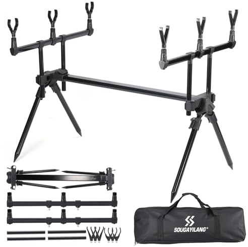 Sougayilang 3-Stab-Karpfenangeln Rod Pod – Höhen- und Längenverstellbar, mit Tragetasche sowie 6 Rod Rest Köpfen + 5m PVA-Mesh Nachfüllung – Geeignet für Karpfenuferangeln