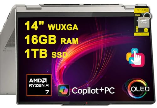 Lenovo Yoga 7 2-in-1 Laptop 14 WUXGA OLED Touch (100% DCI-P3, 600nits HDR) AMD 8-core Ryzen AI 7 350 (Up to 50 Tops) 16GB RAM 1TB SSD for Creator Business Professional Win11 ICP Hub w/Copilot+ AI