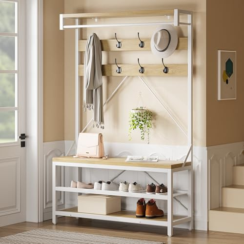 Garvee Perchero Entrada Recibidor, Estilo Industrial Con Zapatero Y Banco, 8 Ganchos & Barra Colgante, Gran Capacidad, 112x40x183 Cm, Color Madera | Estilo Industrial Banco Zapatero, Gran Capacidad, 112x40x183 CM, Blanco