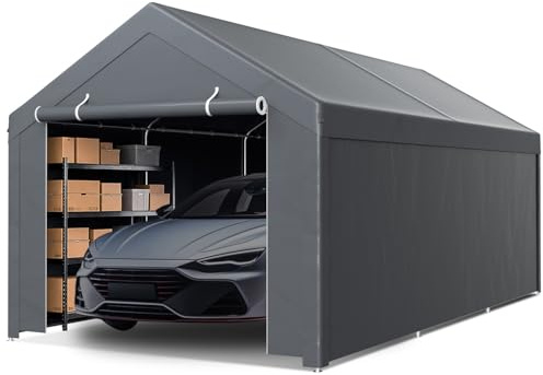 Peviasot Tenda da garage 3 x 6 m, colore grigio, telo in PE con telaio in acciaio zincato, con ancoraggi e corde di tensionamento, tenda per auto, moto, biciclette e attrezzi da giardino