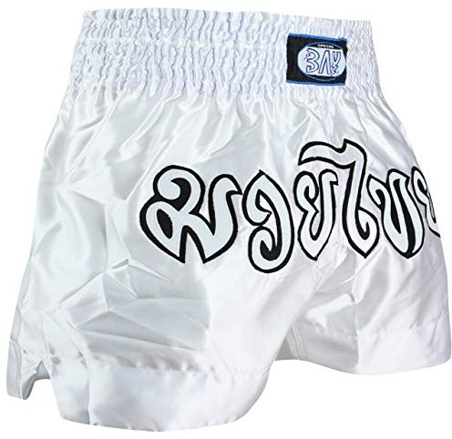 BAY Remy mit traditioneller Thaischrift Thaiboxhose weiß Silber grau M