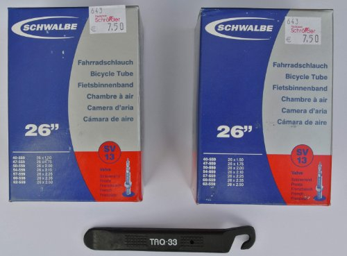FAHRRAD - SCHLAUCH SET: 2 Schläuche plus Reifenheber im Set: 2 x Schwalbe SV13 26 Zoll - deutsches Ventil (Dunlop-Ventil) plus Reifenheber