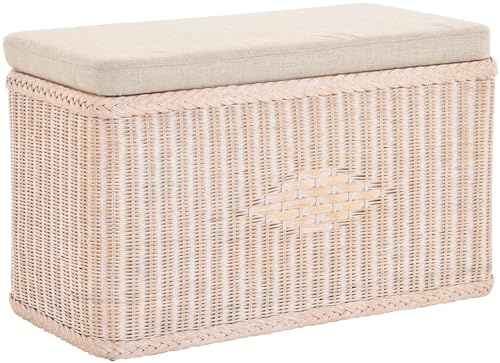 Korb-Outlet Sitztruhe aus Rattan/Truhenbank/Wäschetruhe mit gepolsterten Sitz/in der Farbe Vintage Weiss