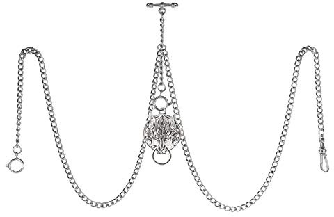 TREEWETO Men's Double Albert Chain Pocket Watch Curb Link Key Chain 3 Hooks with Antique Wolf Silver Pendant Design Charm Fob T Bar