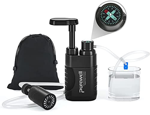 Purewell Water Filter Pump for Camping - Portable Water Purifier with 0.01 Micron Filter, Removes Bacteria - Emergency Survival Water Filtration System for Hiking, Travel & Outdoor Adventures