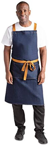 Southside X-Cross Back Apron Denim Blue Tan Ties - Adjustable Unisex Kitchen, Chef, Waitress Apron with Double Pocket B984