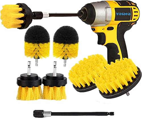 YIHATA Drill Brush Cleaning Brushes Set, 7 Pack 1/4 Inch Extended Long Attachment Power Scrubber Brushes for Cleaning, Great for Car Carpet Floor Bathroom Toilet Kitchen Ceramic Surface Yellow