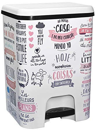 COM-FORT HOUSE | Cubo de Basura Pedal | Capacidad de 26 litros | Cubo Reciclaje | Decoración Textos | Color Blanco | Piezas Extraíbles | Limpieza Fácil