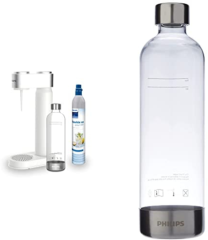 Philips ADD4902WH/10 GoZero Sparkling Water Maker Machine à Soda, Plastique, 1 Liter, Blanc & ADD912/10 GoZero Sparkling Water Maker Bottle Bouteille, Plastique, 1 Liter, Transparent