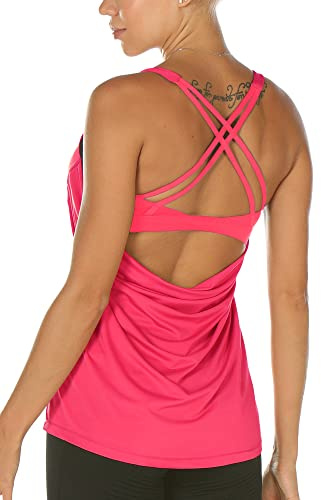 icyzone Damen Sport Top mit BH - 2 in 1 Fitness Yoga Shirt Cross Back Gym Training Tank Top (L, Neon Pink)