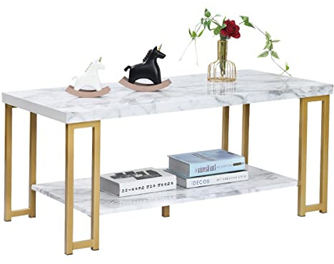 GIANTEX Mesa Baja de 2 Niveles, Estructura de Metal, Mármol con Almohadillas Antideslizantes, Estilo Moderno para Sala de Estar, Oficina, Dormitorio, 100 x 50 x 45 cm, Blanco y Oro