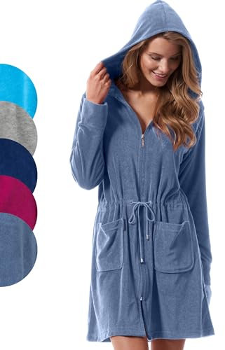 Morgenstern Bademantel Damen kurz Reißverschluss und Kapuze Blau Badejacke klein S Baumwolle Frauen weich frottee zipp kurz leicht