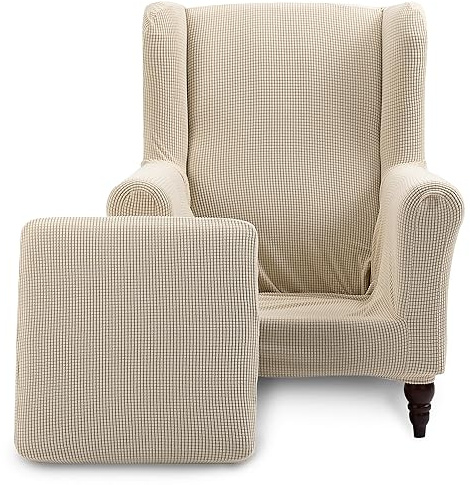 TIANSHU Funda Sillón Orejero Elástica Funda Butaca Orejera Tejido Jacquard de Licra Funda de Sillón Lavables Adecuado para Sala de Estar Dormitorio Hotel(Tipo A, Beige)