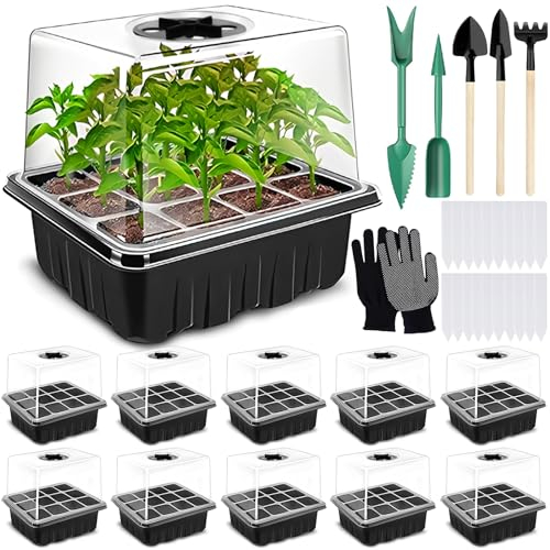ZHHGOO Zimmergewächshaus Anzuchtkasten,Mini Treibhaus Anzuchtschale mit Hoher Deckel,10 Stück 120 Zellen Mini Gewächshaus Anzucht Set mit 20 Etikett,3 Schaufeln, 2 Gartengeräte,1 Paar Handschuhe