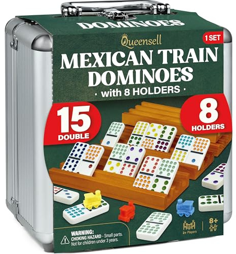 Queensell Mexican Train Dominoes Set Double 15 with 8 Holders - Wooden Hub and Tiles Holders - Double 15 with Dots (D15 + 8 Holders)