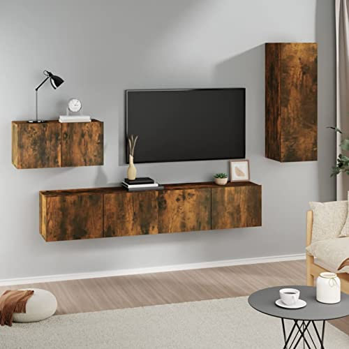 Homgoday Meuble TV salon, ensemble de meubles pour TV de salon, 4 pièces, chêne fumé en bois, multicouche, table pour TV, meuble TV salon, meuble bas pour TV de salon industriel, support TV a1
