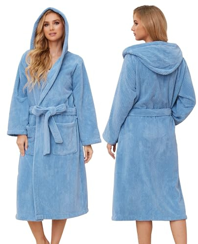 PJGGZ Hooded Bathrobe for Women, Soft Long Towel Robe for Women - Quick Dry yet Warm(Haze Blue,S/M)
