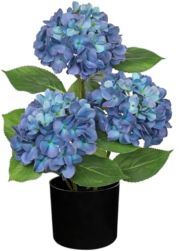 Hollyone Konstgjord Hortensie i kruka, Blå Hortensior Konstblommor Deko Blomma med kruka Seidenblume för hus Badrum Kontor Bord Dekoration