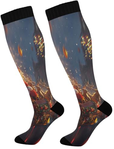 STAYTOP Santa Claus Makes Sled Flights Compression Socks for Women & Men (2 pairs)-Support Knee High Socks for Running, Sports